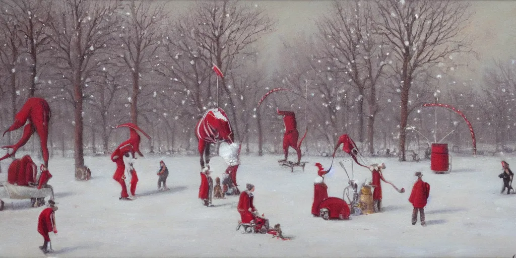 Image similar to a big circus in the snow ground, oil painting, red and white color