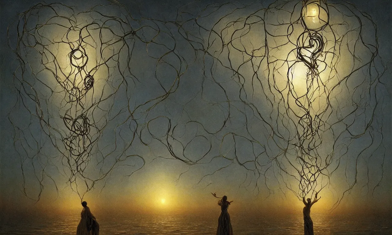 Image similar to a floating heart stringed by veins of light, art by james gurney and greg rutkowski and rene magritte, surrealism by salvador dali, very detailed, high resolution, symmetry, volumetric lighting