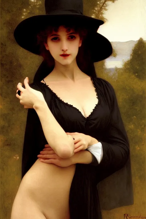 Image similar to vampire in a big hat, painting by rossetti bouguereau, detailed art, artstation