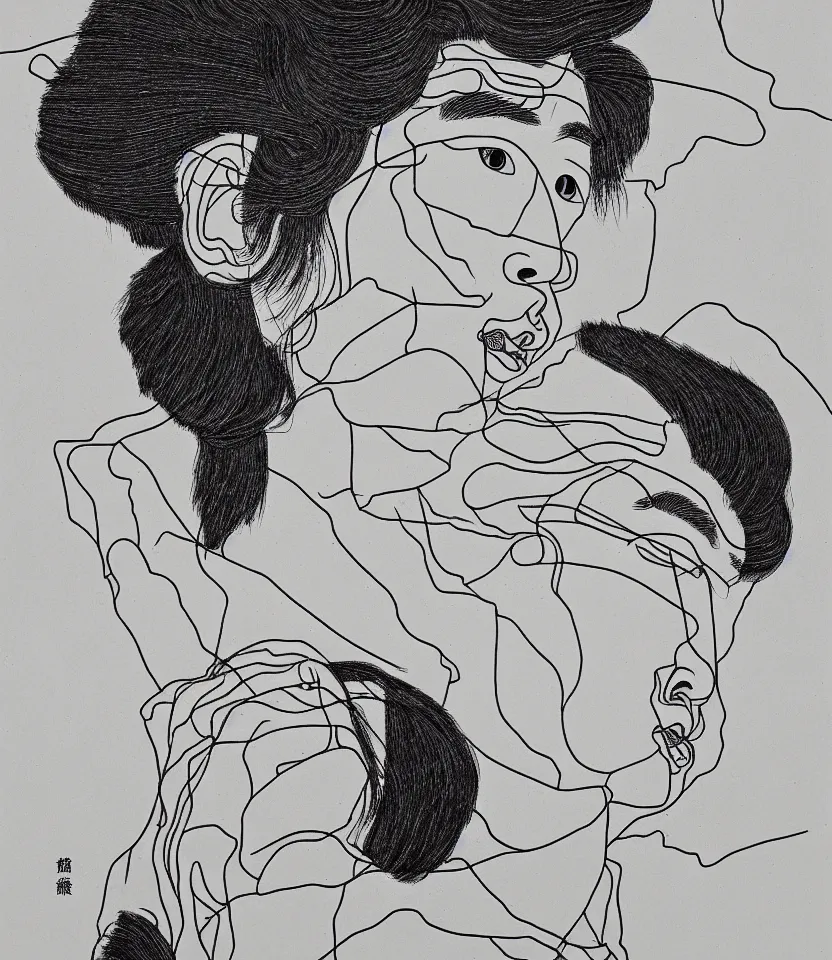 Image similar to detailed line art portrait of 孫 德 明 sunyatsen, inspired by egon schiele. caricatural, minimalist, bold contour lines, musicality, soft twirls curls and curves, confident personality, raw emotion