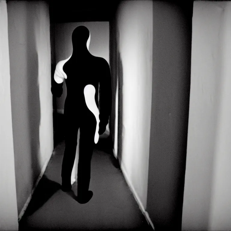 Image similar to a nightmare where a man in a pink morphsuit chases you down a black & white dark hallway, horror, creepy, 3 5 mm, film shot, found footage, scary