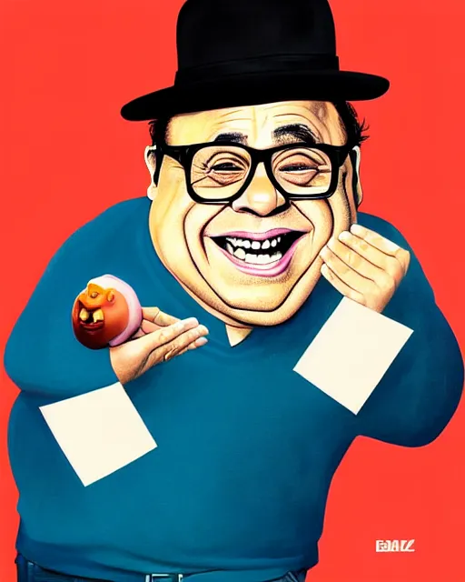 Image similar to painting portrait of danny devito as a ham, cartoon, warm lighting, danny devito has a ham body, danny devito's face on a ham. movie poster, illustration by bartek fedyczak, erak note, tooth wu, neil richards, kan liu, siwoo kim, jisu choe, trending on art station