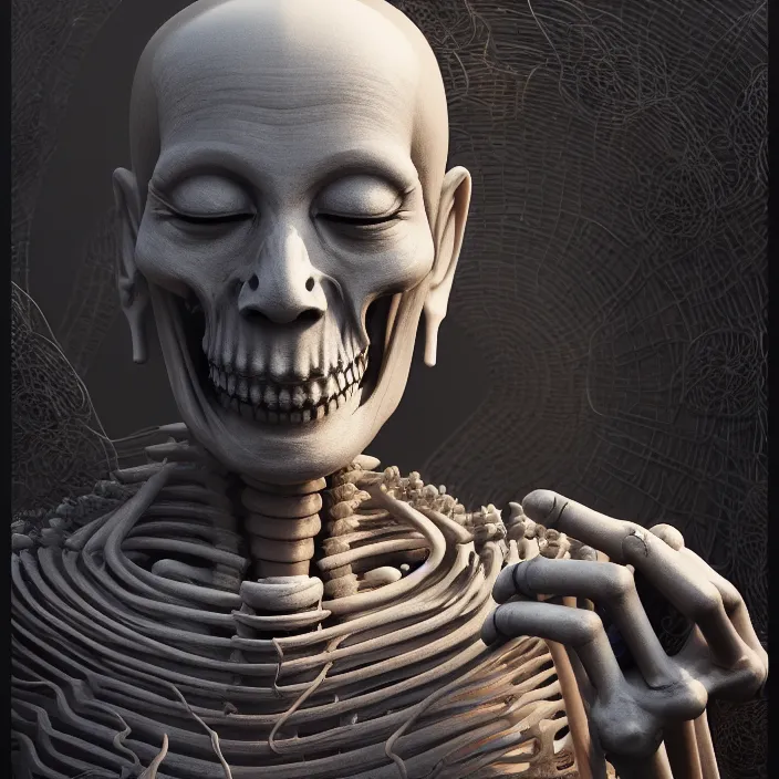 Prompt: portrait of relaxed Buddhist Monk as skeleton. intricate abstract. intricate artwork. by Tooth Wu, wlop, beeple, dan mumford. octane render, trending on artstation, greg rutkowski very coherent symmetrical artwork. cinematic, hyper realism, high detail, octane render, 8k, matte accents