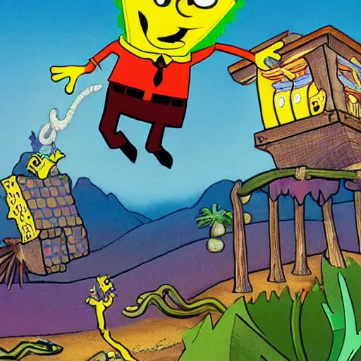 Image similar to spongebob riding a dragon