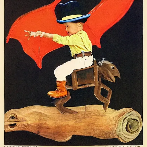 Image similar to A toddler dressed like a cowboy riding a pterodactyl, Norman Rockwell Painting