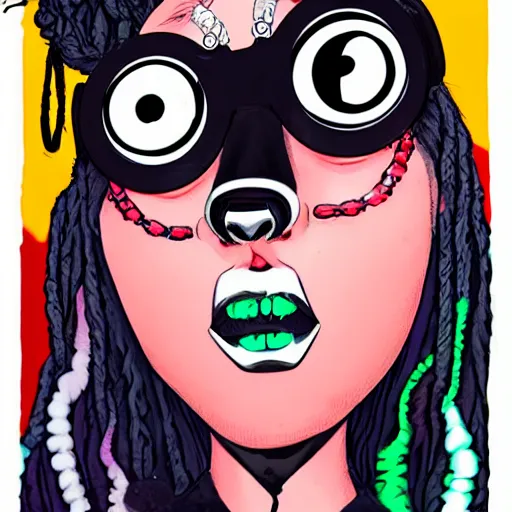 Image similar to eccentric kawaii goth girl with dreads wearing cyber goggles and eclectic jewelry, by jamie hewlett,