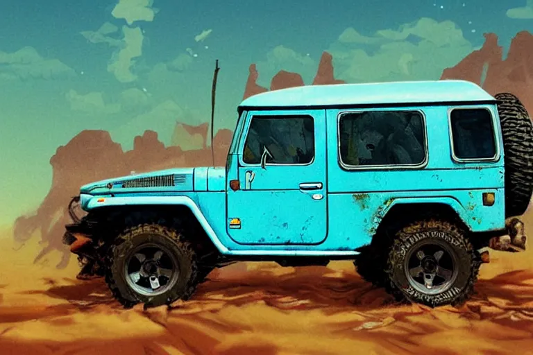 Prompt: digital illustration of a faded cyan mad max's fj 4 0 decrepit!!!! pursuit special, rusty!!! nissan fj cruiser heavily modded 1 9 9 0 s, the last v 8 interceptor by makoto shinkai, ilya kuvshinov, lois van baarle, rossdraws, basquiat