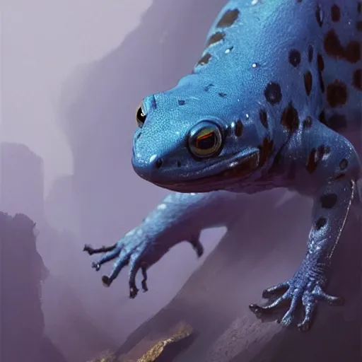 Prompt: artwork of a blue spotted salamander, by greg rutkowski, matte painting, trending on artstation, dark fantasy, super detailed, 8 k hd, volumetric light, dramatic light