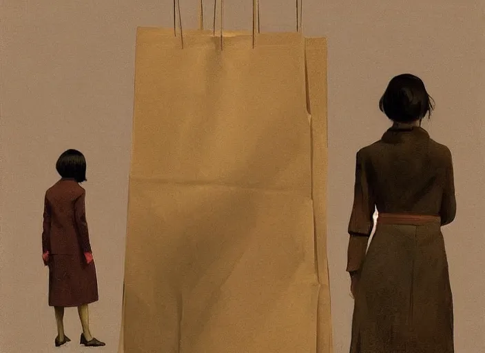 Image similar to woman wearing paper bags for clothes standing inside paper bags at store display Edward Hopper and James Gilleard, Zdzislaw Beksinski, highly detailed