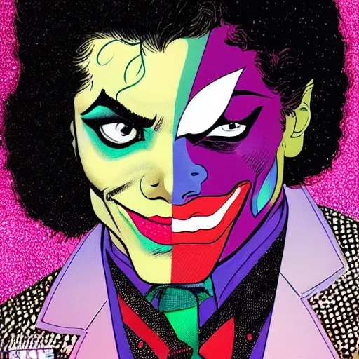 Image similar to dynamic macro head portrait of beautifu michael jackson as the joker in white sequined jacket by john romita sr and cory walker and ryan ottley and jack kirby and barry windsor - smith, comic, illustration, photo real