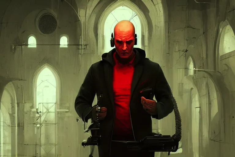 Image similar to an expressive portrait of agent 4 7 wearing headphones in a monastery, dark background, red rim light, digital art, artstation, concept art by giger stalenhag