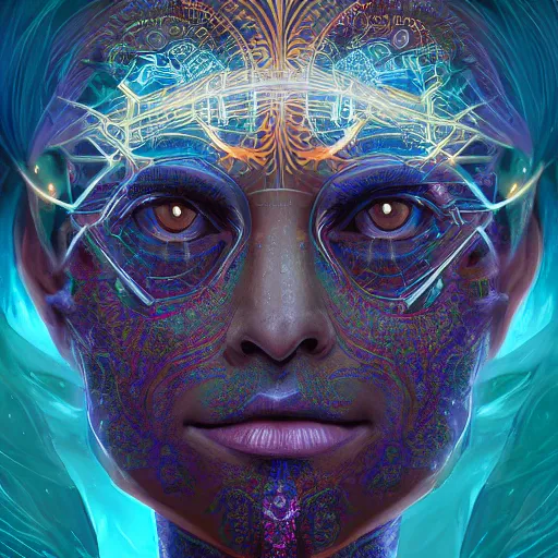 Prompt: portrait of a future metaverse Ayahuasca tech shaman warrior, 2D cartoon, visionary art, symmetric, Magick symbols, holy halo, shipibo patterns, sci-fi, concept art, trending on art station, 8k digital art, by Mandy Jurgens, fantasy portrait art, anime