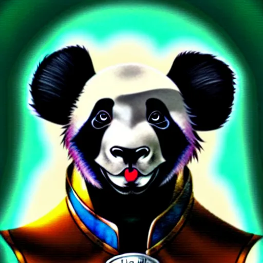 Image similar to don bluth, loish, artgerm, joshua middleton, steampunk, clockpunk anthropomorphic panda, full sailor suit, symmetrical eyes symmetrical face, colorful animation forest background