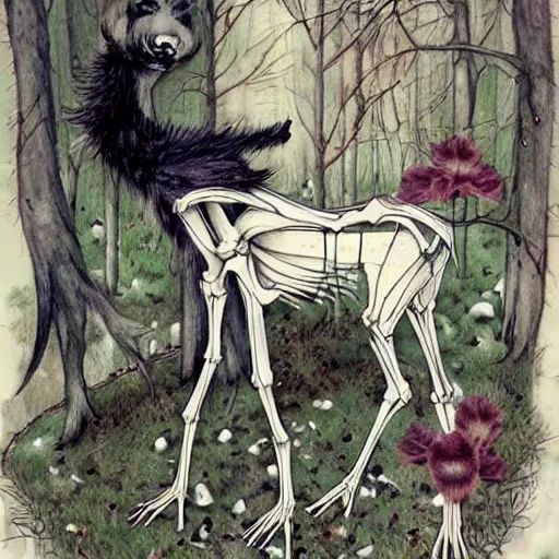 Image similar to a dream wolf eats the magical heart of a woodland faun who has her skeleton exposed, artwork by chiara bautista