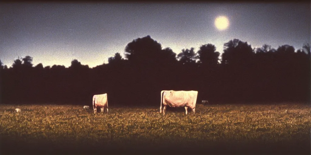 Prompt: detailed medium format photo, polaroid still from tarkovsky movie, a ufo beaming up a cow, at dusk near a small farmhouse, haze, high production value, intricate details, 8 k resolution, hyperrealistic, hdr, photorealistic, high definition, tehnicolor, award - winning photography, masterpiece, amazing colors