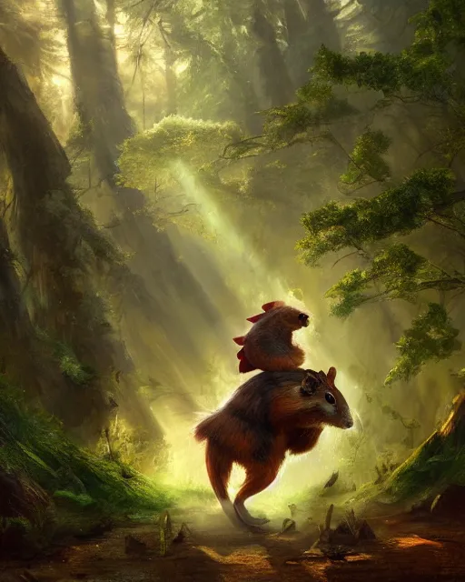 Image similar to oil painting of Donald Trump riding on Squirrel, wearing green cloak, sharp focus, fantasy style, octane render, volumetric lighting, 8k high definition, by greg rutkowski, highly detailed, trending on art Station, magic the gathering artwork, magical forest backround, centered