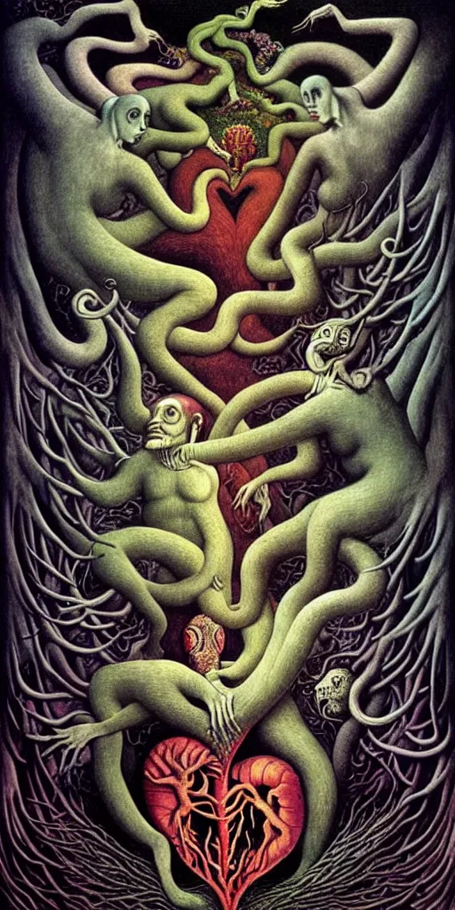 Image similar to mythical creatures and monsters in the visceral anatomical human heart imaginal realm of the collective unconscious, in a dark surreal painting by johfra, mc escher and ronny khalil