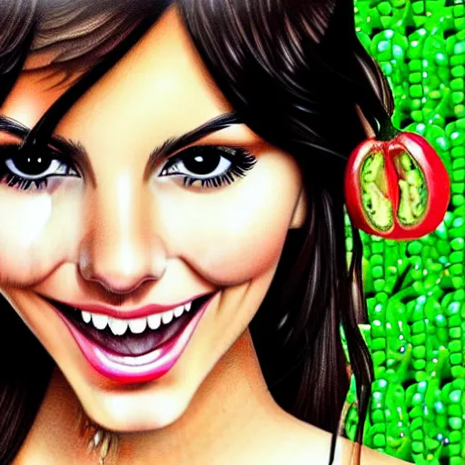 Image similar to one face shot of victoria justice made out of jalapenos by 5 randomly selected famous illustrators. vastly enriched image quality. lucidly vivid. iridescentally detailed. extremely elegant and beautiful.