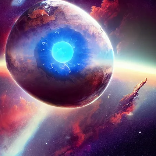 Image similar to Gigantic blue scaled dragon devouring an earth like planet while flying in space, sun system, nebula, digital art by Carles Dalmau