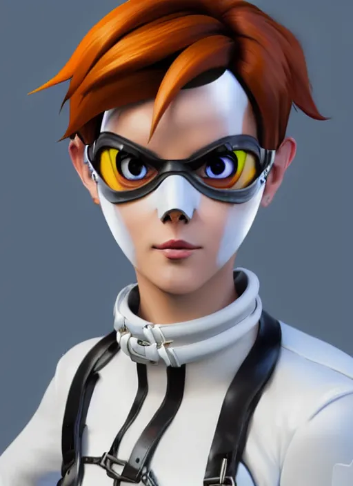 Image similar to portrait bust digital artwork of tracer overwatch, wearing white iridescent rainbow latex and leather straps catsuit outfit, 4 k, expressive happy smug expression, makeup, in style of mark arian, angel wings, wearing detailed black leather collar collar collar collar, chains, black leather harness, detailed face and eyes,