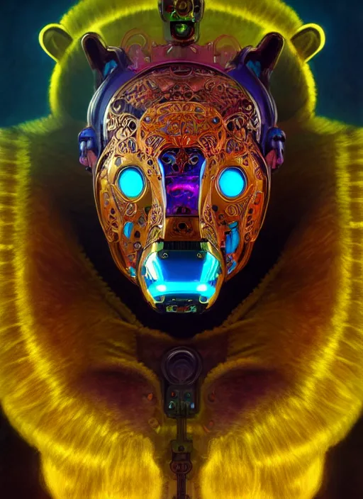 Image similar to organic cyborg, brightly coloured bear mask opening, diffuse lighting, fantasy, intricate, elegant, highly detailed, lifelike, photorealistic, digital painting, artstation, illustration, concept art, smooth, sharp focus, art by John Collier and Albert Aublet and Krenz Cushart and Artem Demura and Alphonse Mucha