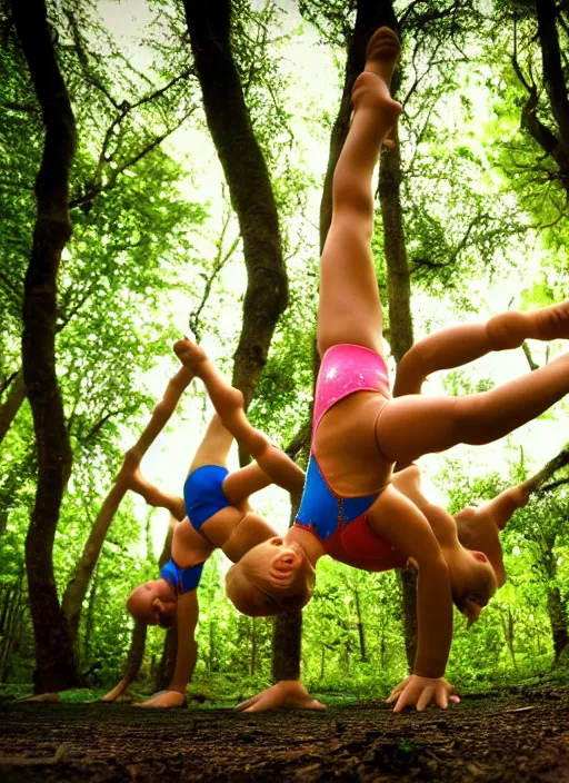 Image similar to a beautiful detailed photo of a group of girls doing gymnastics in the forest, realistic, f 8, 4 k hd wallpaper