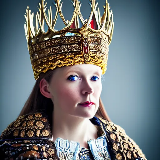 Image similar to portrait photograph of a very beautiful nordic queen with ornate cloak, bokeh, graflex camera, macro 15mm