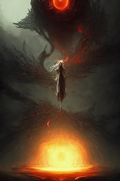 Image similar to Black Orb of Fire, digital art, fantasy, magic, trending on artstation, illustration by Seb McKinnon and Peter Mohrbacher, ultra detailed, atmospheric, powerful presence, bossfight, darksouls, grand finale, explosive entrance, final battle, cutscene