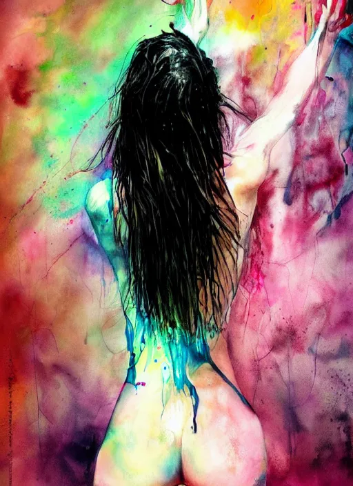 Prompt: sexy gorgeous adriana lima in short by agnes cecile, view from back, bent - over posture, full body portrait, extremely luminous bright design, pastel colours, ink drips, autumn lights