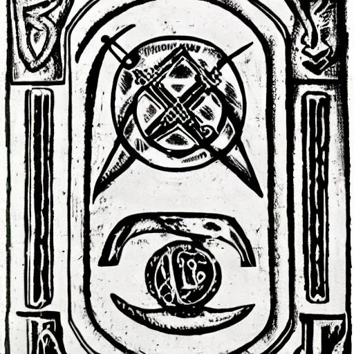 Image similar to shield iconography old occult runes intaglio etching engraving alchemy ink witchcraft