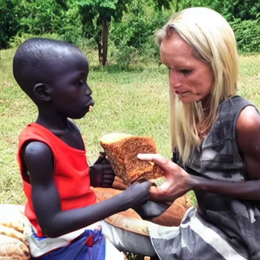Prompt: photo of a malnourished ugandan boy sharing bread with a blond american