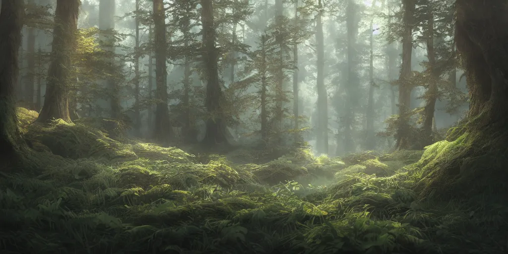 Prompt: a forest, highly detailed, oil painting, cinematic angle, hyperrealistic, beautiful, volumetric lighting, dynamic, Studio Ghibli, digital art, octane render, post-processing, beautiful composition, trending on artstation, masterpiece