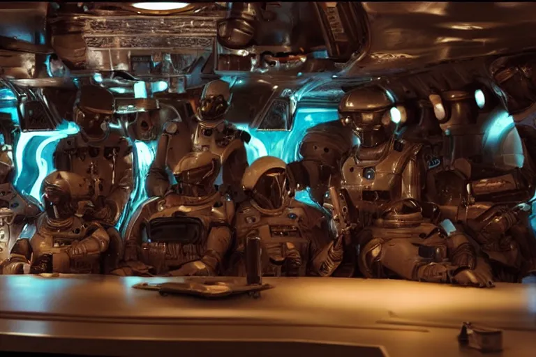 Image similar to sci-fi cinematography of space soldiers sitting in an alien bar. By Emmanuel Lubezki