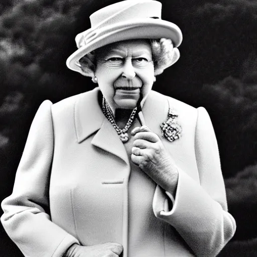 Image similar to queen elizabeth of england smoking a fat cigar like winston churchill