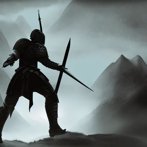 Prompt: Silhouette of a male warrior wearing knight armor holding a sword and shield, facing away towards a mountain in the distance, digital art, digital painting, matte painting, very beautiful, highly detailed, fantasy artwork, dnd