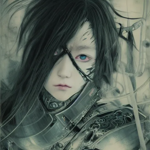 Image similar to yoshitaka amano realistic three quarter angle illustration of an anime girl with black eyes, wavy white hair fluttering in the wind and cracks on her face wearing elden ring armour with engraving, abstract black and white patterns on the background, noisy film grain effect, highly detailed, renaissance oil painting, weird portrait angle, blurred and dreamy polaroid photo