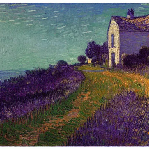 Prompt: A small house, a narrow path, prairie and sea, James Gurney, Greg Rutkowski, Monet and van Gogh, artstation, purple color scheme, yellow color scheme