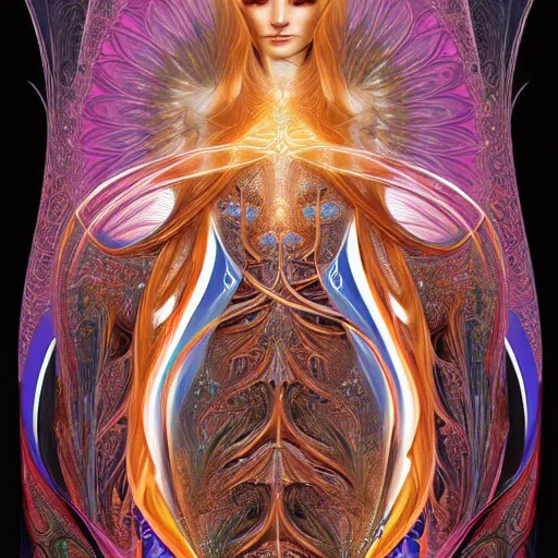 Prompt: queen of the galaxy by alex grey, zaha hadid, alphonse mucha. highly detailed, hyper - real, very beautiful, intricate fractal details, very complex, opulent, epic, mysterious, polished, futuristic design, trending on deviantart and artstation