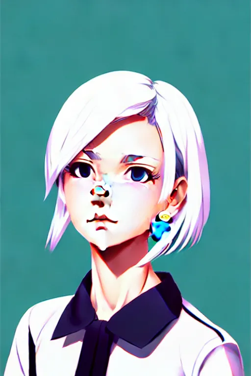 Image similar to a cute girl with cut to shoulder white hair wearing school uniform, strong brush stroke, sharp focus, illustration, morandi color scheme, art station, by ilya kuvshinov