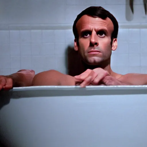 Image similar to Emmanuel macron taking a bath in American Psycho (1999), blur on his body