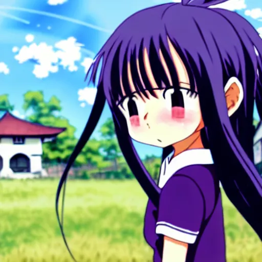 Prompt: A cute young anime girl with long indigo hair, wearing a school soccer uniform, in a large grassy green field, there is a cat next to her, shining golden hour, she has detailed black and purple anime eyes, extremely detailed cute anime girl face, she is happy, child like, Japanese shrine in the background, Higurashi, black anime pupils in her eyes, Haruhi Suzumiya, Umineko, Lucky Star, K-On, Kyoto Animation, she is smiling and happy, tons of details, stretching her legs on the grass, doing splits and stretching, chibi style, extremely cute and smiley and excited