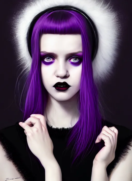 Image similar to portrait of white teenage girl, normal face, black bangs, mall goth, cyberlox, black and white hair, bangs, fluffy bangs, red contacts, purple lipstick, intricate, elegant, highly detailed, digital painting, artstation, concept art, sharp focus, smooth, illustration, art by wlop, mars ravelo and greg rutkowski