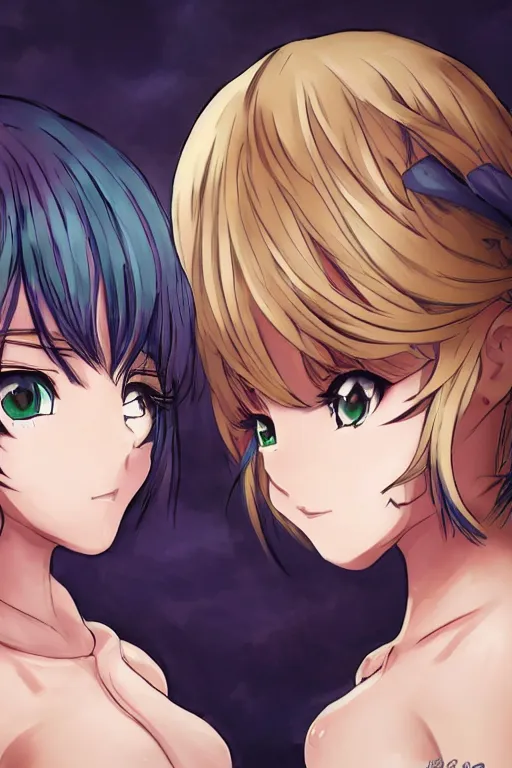 Image similar to a stare down between two beautiful rival female idols, detailed anime art