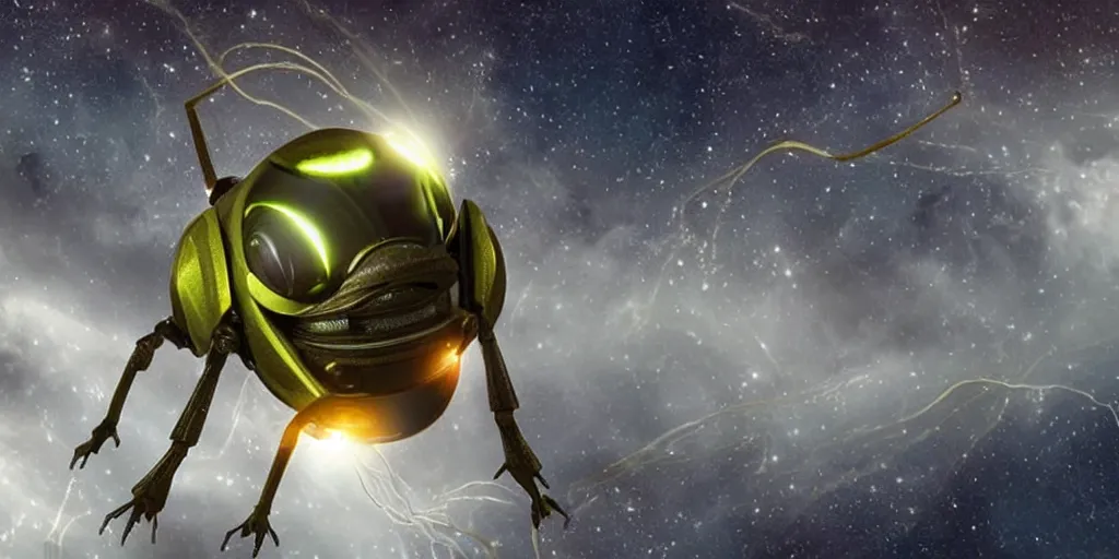 Image similar to lightning bug descendant 1 million in the future is a quadruped with big eyes with rgb ambient lighting ( bug ). the bug wears a spacesuit, and explores the cosmos in a bug - shaped spaceship. science fiction blockbuster movie bugs save the planet or the love bug from saturn, dramatic lighting, interstellar film ( 2 0 1 4 )