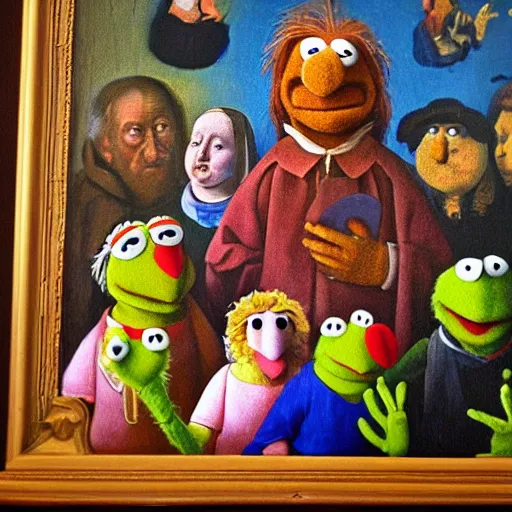 Image similar to painting of muppets at church, in the style of hieronymus bosch and johannes vermeer