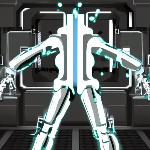 Prompt: an android wearing a white trench coat with 6 arms sticking out of each side, looking out of a doorway. four arms have lazer guns, one has a rifle, and one has a broken piece of a door. dramatic digital art.