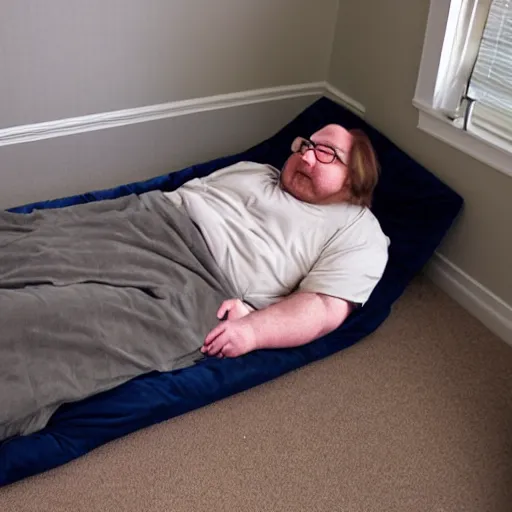 Image similar to gabe newell sleeping on futon on floor, realistic