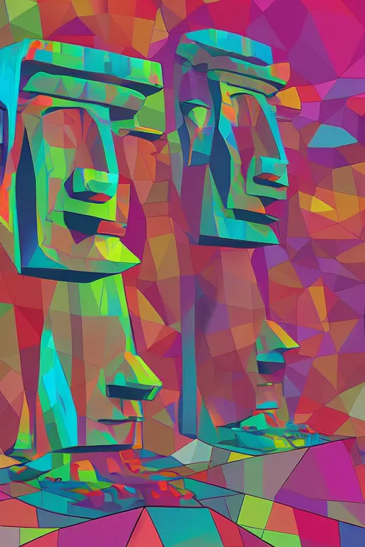 Image similar to abstract moai statue geometric cutout digital illustration cartoon colorful beeple