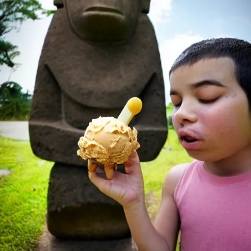 Image similar to a very disgusted and crying kid holding and looking an ice cream cone with a small moai statue in the cone, 4 k photograph