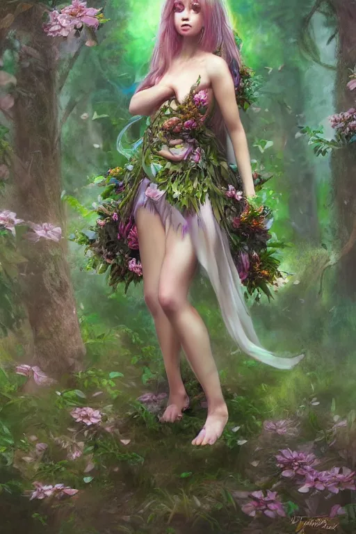 Image similar to portrait of a magical nymph druid in the forest wearing a magical flower dress, full body shot, highly detailed dramatic lighting fantasy artstation artgerm